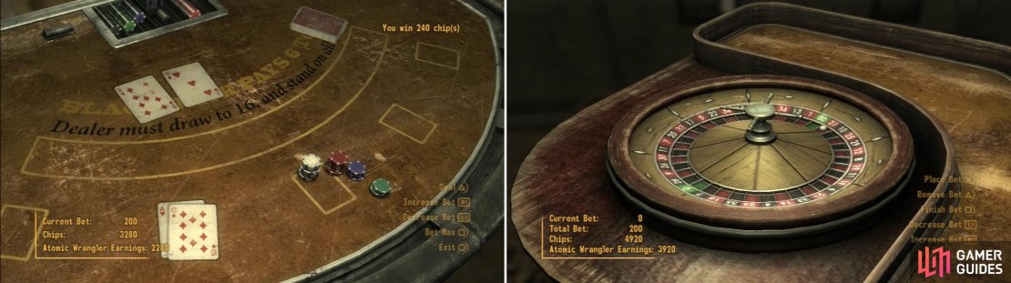 Start out by playing Blackjack to grow your funds (left) and when you near the casino&rsquo;s winnings cap, break the bank spectacularly by winning at Roulette (right).