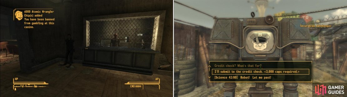 Rob the Atomic Wrangler for all it&rsquo;s worth (left) then take your mound of Caps to the New Vegas Strip. Your money should be enough to pass the credit check and get you into The Strip (right).