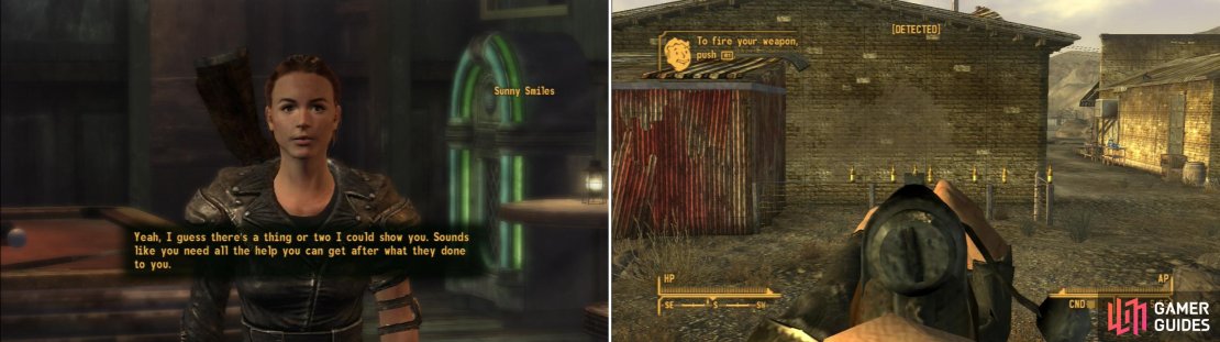 Talk to Sunny Smiles in the Prospector Saloon (left) and she&rsquo;ll take you out back for a bit of target practice (right).