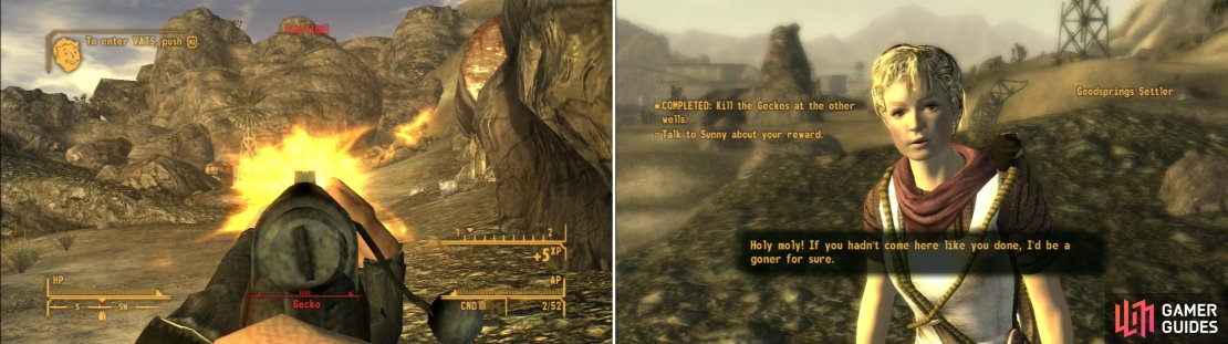 Accompany Sunny Smiles to the Goodsprings Source, where you&rsquo;ll get to try your aim on more mobile targets (left). If you&rsquo;re quick you can save a Goodsprings Settler in peril (right).
