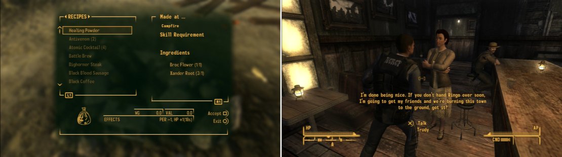 With the Broc Flower and Xander Root handy, craft some Healing Powder (left). After Sunny Smiles is done teaching you, go visit Trudy at the Prospector Saloon, only to find out that there&rsquo;s more trouble brewing in Goodsprings (right).