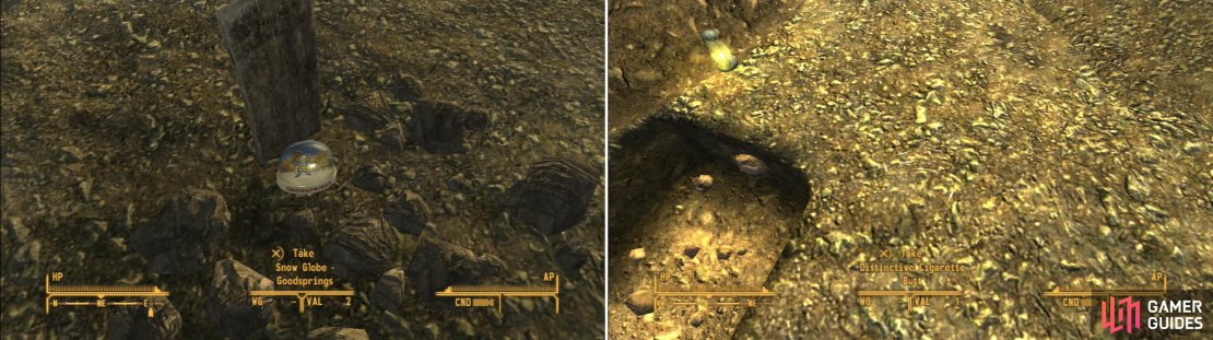 Near a grave you can find the Snow Globe - Goodsprings (left), and near your own grave you&rsquo;ll find some Distinctive Cigarettes (right)&hellip; possibly belonging to the man who shot you?
