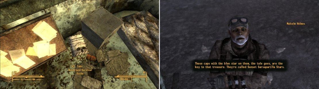 Search the Lone Wolf Radio trailer to find a copy of the Wasteland Survival Guide (left). After collecting some Sunset Sarsaparilla Star Bottle Caps you&rsquo;ll be approached by Malcolm Holmes, who will warn you about the dangers such trinkets bring (right).