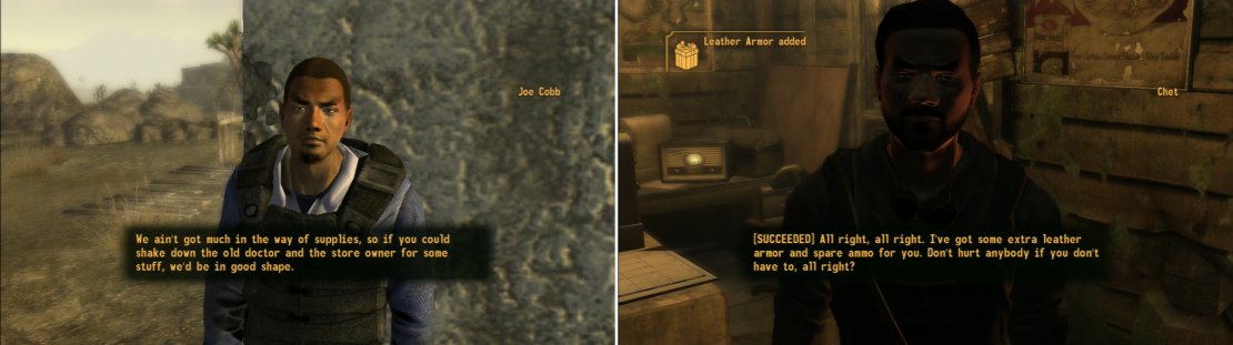 The Powder Gangers are willing to take out Goodsprings, but need some supplies before they make the attempt (left). Convincing Chet to part with some goods will help the Power Ganger&rsquo;s cause (right).
