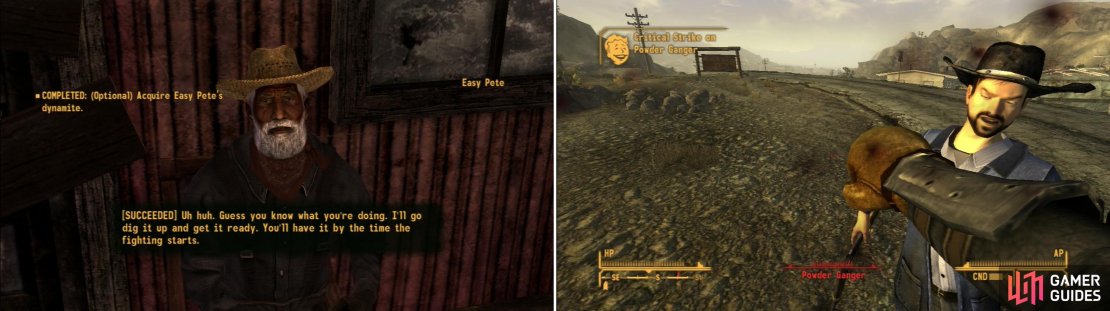 To help fight off the impending Powder Ganger assault, try to enlist the aid of various townsfolk (left). If you want to limit the amount if Infamy you gain from fighting the Powder Gangers, use weapons that inflict KO damage (right).