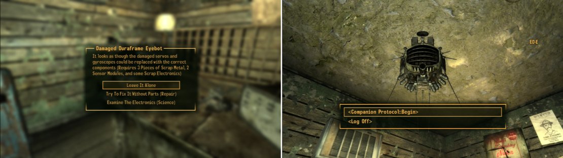 Repair the broken Eyebot in the Mojave Outpost (left) and you&rsquo;ll be able to recruite your first companion; the loveable ED-E (right).