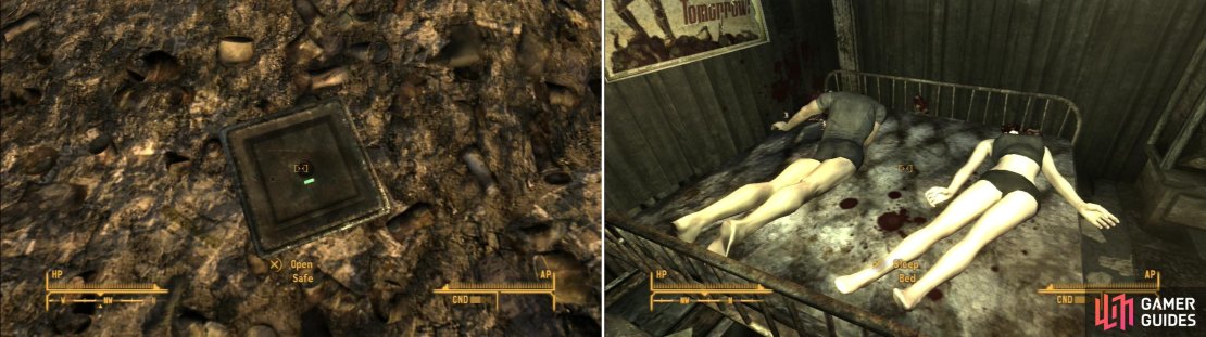There are a number of treasures you can uncover in Primm, including a safe buried amidst some ruins (left). Crime may not pay, but compared to what happens to the law&hellip; it might not be a bad shake (right).