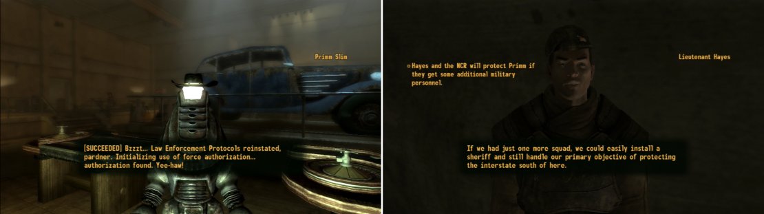 You can reprogram Primm Slim to serve as Primm&rsquo;s new sheriff (left) or, for a more imperial touch, you can test the waters with the NCR (right).