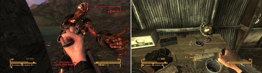 In the hills west of the California Sunset Drive-in you&rsquo;ll encounter many dangerous Ghouls (left). In the Hell&rsquo;s Motel building you can obtain a D.C. Journal of Internal Medicine (right).