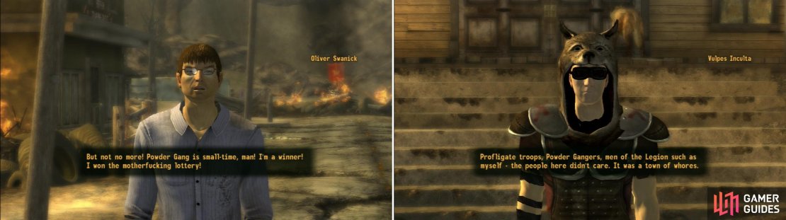 Oliver Swanick seems awfully happy that he won some lottery (left). Vulpes Inculta - the leader of the Legion forces that sacked Nipton - will shed light on the town&rsquo;s demise (right).