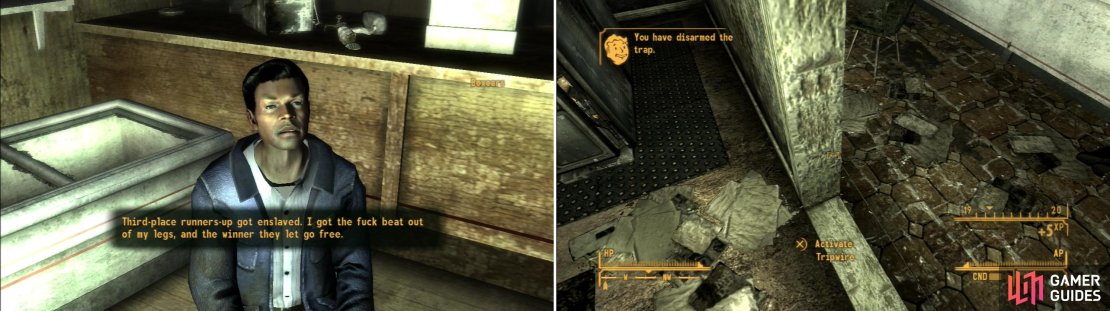 Boxcars will reveal more about the dubious lottery held by the Legion (left). One paranoid resident of Nipton protected his &ldquo;Declaration of Vital Essence&rdquo; with many devious traps (right).