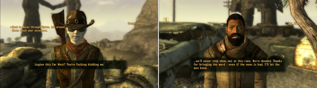 Ranger Ghost can hardly believe the cause of Nipton&rsquo;s demise (left) and other, less sturdy NCR soldeirs are shaken to the point of despair (right). Vulpes Inculta&rsquo;s terror tactics seem to be working.