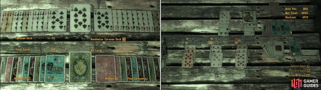 You can make a Caravan deck out of assorted cards you find or purchase, the only limit being one card per type, per suit, per deck (left). Your goal in Caravan is to build three &ldquo;Caravans&rdquo; whose total is anywhere between 21 and 26 (right).