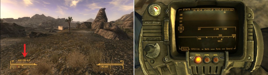 In Hardcore mode, not only do you have to keep an eye on your HP and RADs, but you&rsquo;ll need to manage the necessities of life; water (H2O), food (FOD) and sleep (SLP). When you are deficient, you&rsquo;ll be notified by icons above your HP bar (left). You can also check your levels via the Pip-Boy (right).
