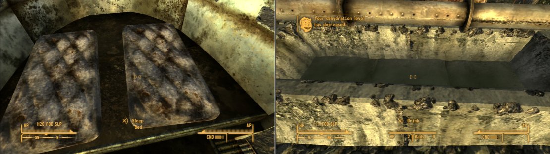 You can reduce your SLP by finding an unowned bed and getting some shut-eye (left), but passing the time in this way will, of course, raise you other needs. Keep hydrated by drinking water&hellip; there are stalls full of free water near Goodsprings, at the beginning of the game, so H2O shouldn&rsquo;t be too hard to find&hellip; (right).