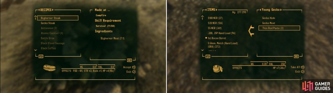FOD can be obtained from various sources, chiefly by killing tasty critters in the Wasteland. Just remember, food isn&rsquo;t nearly as beneficial unless it&rsquo;s been cooked (left). Once you hit level 20 you can pick the Them&rsquo;s Good Eatin&rsquo; perk to get exceptional healing items from creatures you kill (right).