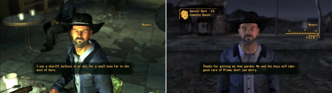 Meyers has decided to stay out of the fighting, and as a former sheriff is a prospective candidate to fill Primm&rsquo;s vacancy (left). If you get him a pardon from Major Knight, he&rsquo;ll bring the law back to Primm (right).
