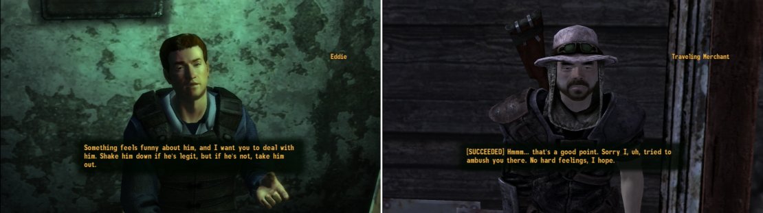 The next task Eddie will ask you to complete is to investigate a &ldquo;merchant&rdquo; who is snooping around nearby (left). You can convince this &ldquo;merchant&rdquo; to stop trying to get himself killed, or you can get rid of him in a more permanent fashion (right).
