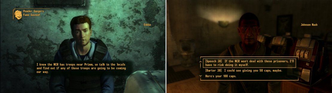 The third and final task Eddie asks you to complete is to find out what the NCR is planning (left). Johnson Nash will divulge what information he&rsquo;s heard if you pass a Speech or Barter check (right).