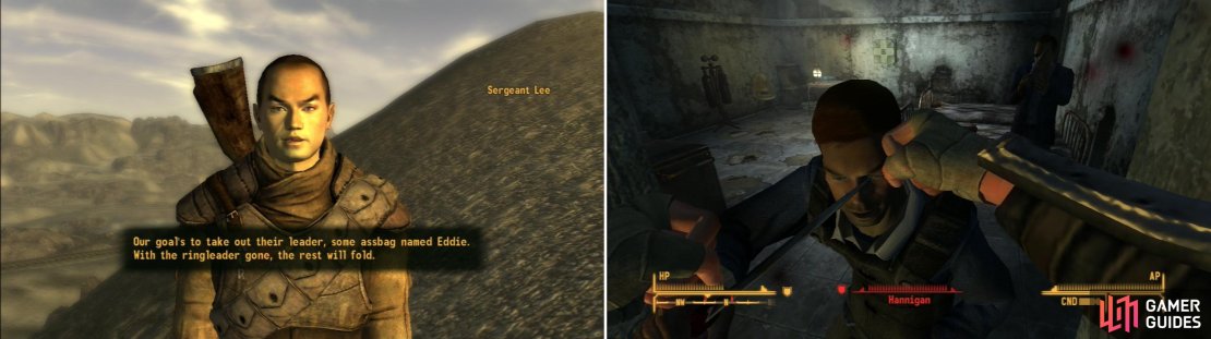 If you want to help clear the Powder Gangers out of the NCRCF, find Sergeant Lee in the hills near the prison (left). Help the NCR kill the Powder Gangers, using KO weapons to mitigate the Infamy you&rsquo;ll gain (right).
