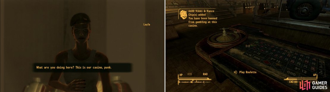When you return to the Vikki and Vance Casino after bringing back the law, you&rsquo;ll find some NCR deserters causing trouble (left). After they&rsquo;re dealt with you can proceed to rob the casino (right).