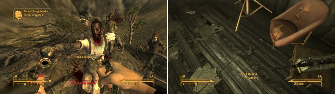 Fight the Jackal Gangers outside of Bradley&rsquo;s Shack (left) then navigate your way through the traps inside (right).