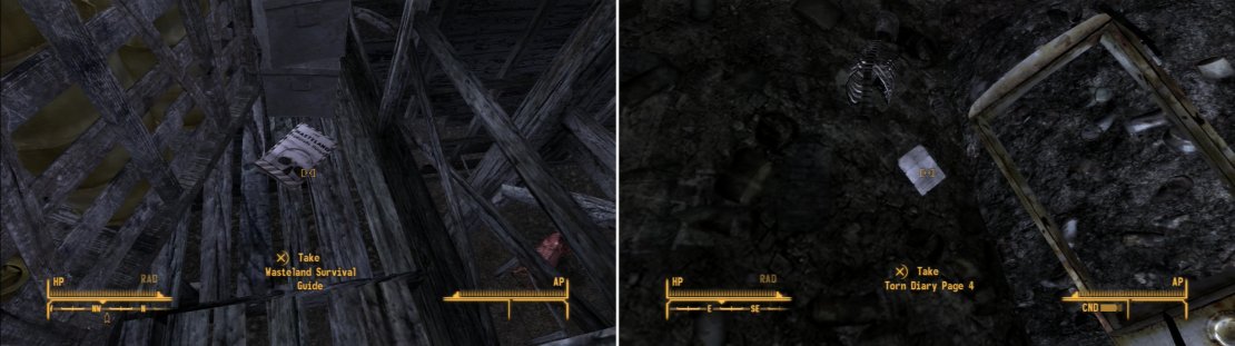 Find a copy of the Wasteland Survival Guide in the loft of the barn (left). The various diary page you find lying around reveal what happened at this farm (right).