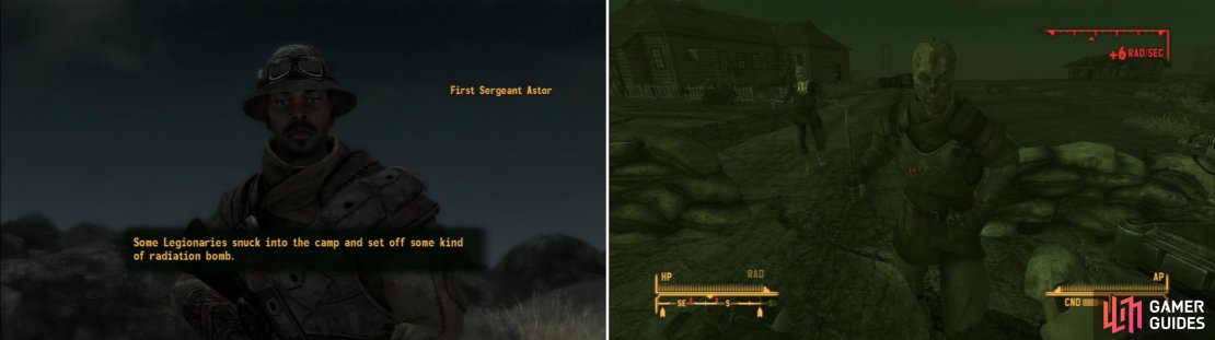 Find Sergeant Astor to learn what happened at Searchlight (left), which is now infested with the ghoulified NCR Troopers (right).
