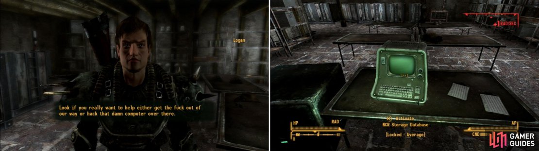 Logan will&hellip; not so politely ask for your help with his mission (left). Hack the nearby terminal to find out where the missing radiation suits have gone (right).