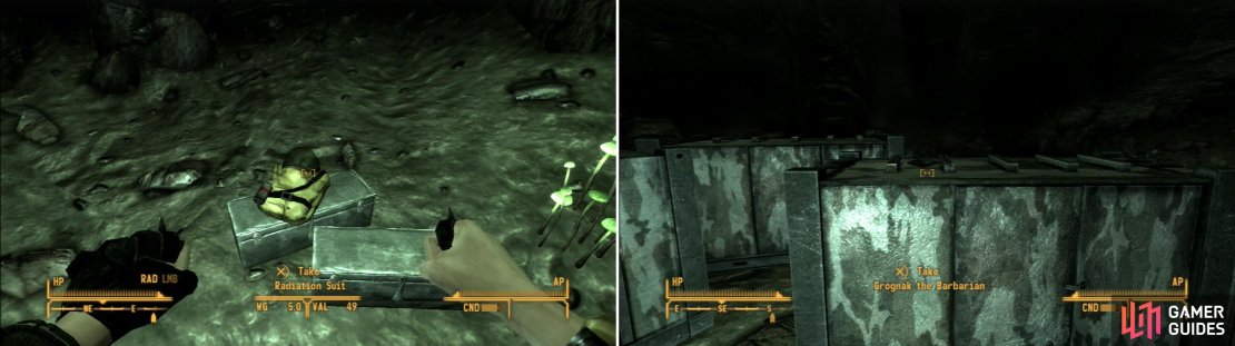 You&rsquo;ll find the radition suits you need in the Hidden Supply Cave (left) as well as a copy of Grognak the Barbarian on a crate (right).