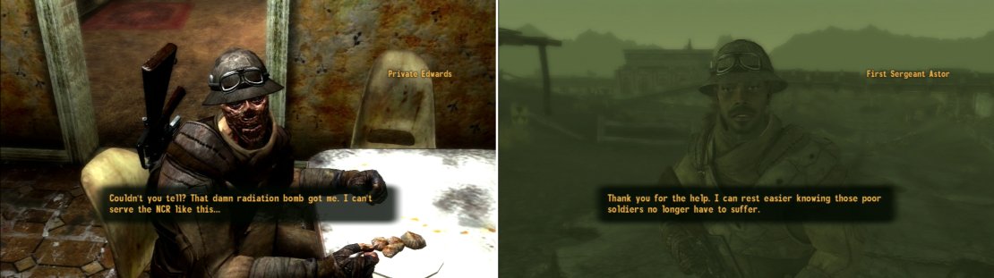 Poor Private Edwards survived the radiation bomb with his life and his sanity, but he&rsquo;ll never be human again (left). After you&rsquo;ve recovered the NCR Dogtags, return to Sergeant Astor for a reward (right).