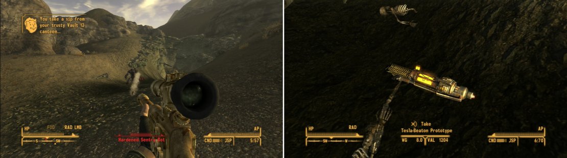 Tread carefully around the Crashed Vertibird, as powerful robots protect it (left). If you can fight your way through them, however, you&rsquo;ll obtain the Tesla-Beaton Prototype (right).