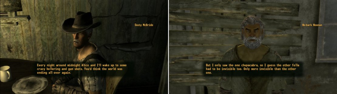 Dusty&rsquo;s been having a bit of a problem with this Brahmin turning up as mulch in the morning (left). Resident crazy-person No-Bark has some tales about what he saw happen to the Brahmin (right).