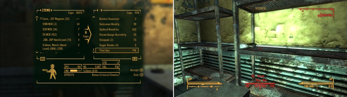 You can buy the unique weapon That Gun from the Dino Bite Gift Shop (left) or you can steal it from the supply room (right).O