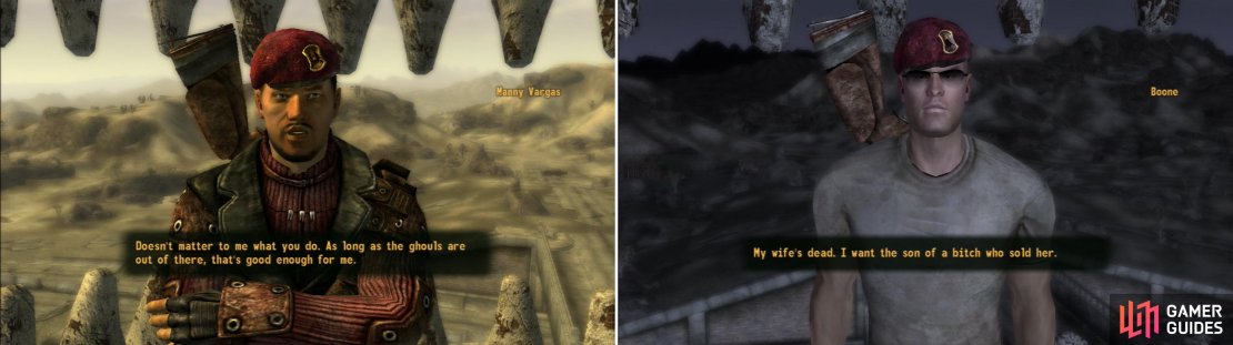 One of the town&rsquo;s guardian angels will try to enlist your aid in investigating the REPCONN Test Site (left) while the other wants you to help with a more personal matter (right).