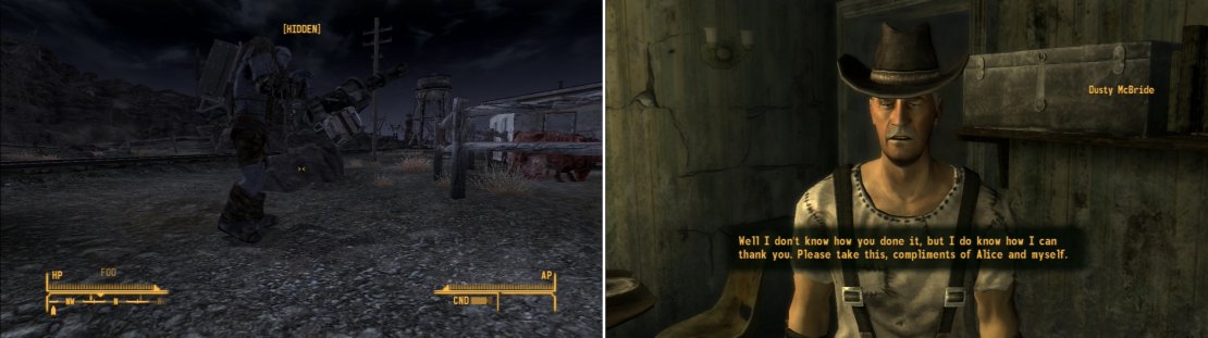 Wait outside of the McBride Ranch to find No-Bark&rsquo;s chupacabra (left). Kill the Nightkin and tell Dusty the good news (right).