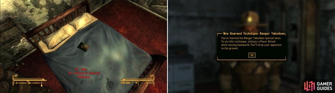 Grab the D.C. Journal of Internal Medicine from the bed in Ranger Andy&rsquo;s Bungalow (left) and learn the Ranger Takedown technique from him (right).