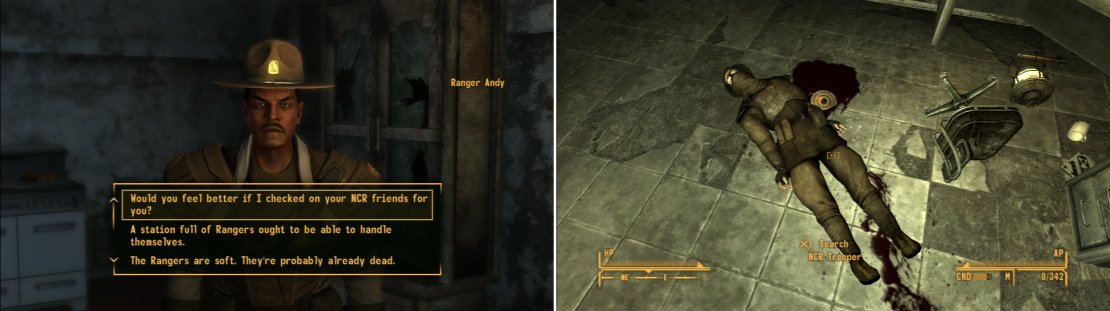 Offer to check on the soldiers at Ranger Station Charline (left) then return to the Ranger Station to find that Ranger Andy&rsquo;s fears were justified (right).