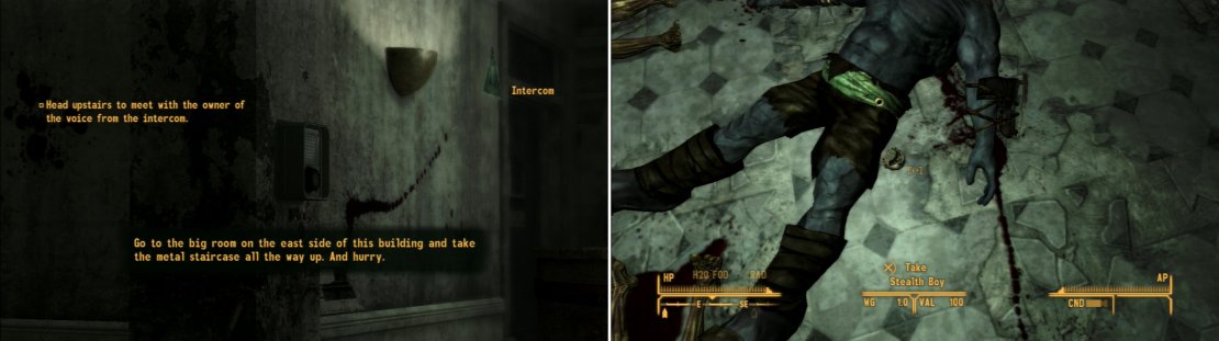 A voice over the intercom will direct you to come upstairs (left). A dead Nightkin - and its Stealth Boy - foreshadows the troubles at the REPCONN Test Site (right).