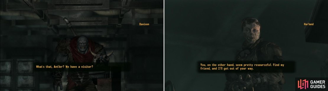 If you reach the Nightkin leader, Davison, you can work for him to resolve matters peacefully (left). A resourceful Ghoul named Harland also has a request for you (right).