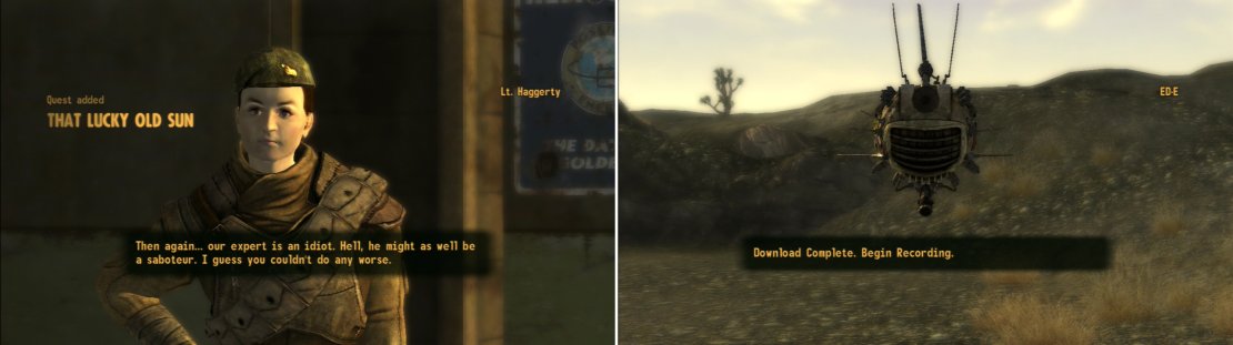 Talk to Lieutenant Haggerty outside to find out that all is not well with HELIOS One (left). Talking to the NCR Troopers outside of HELIOS One will trigger one of ED-E&rsquo;s recordings (right).