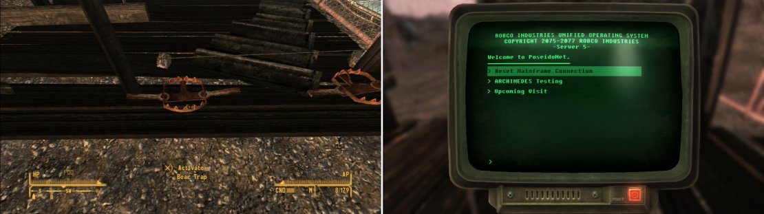Guard dogs and traps defend the terminals you need to access (left). Get past these obstacles and you can reset the mainframe connection (right) and move one step closer to getting the power back online.