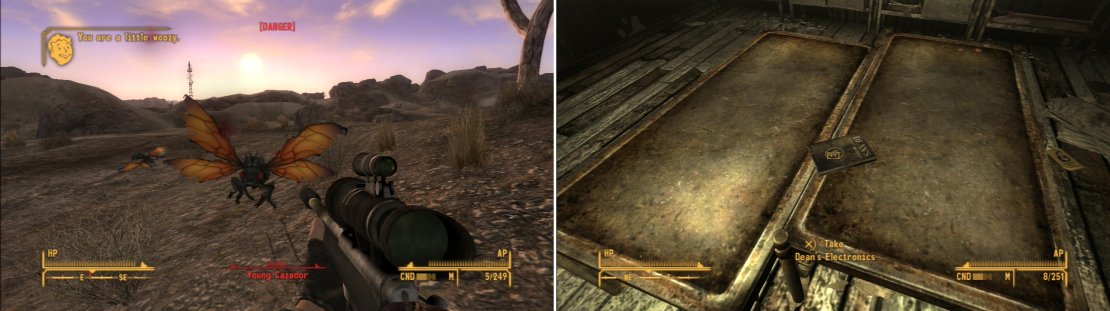 Around the Southern Nevada Wind Farm you’ll face a new menace; Cazadores (left). If you can defeat them, find a copy of Dean’s Electronics in the Wind Farm Maintenance Shack (right).