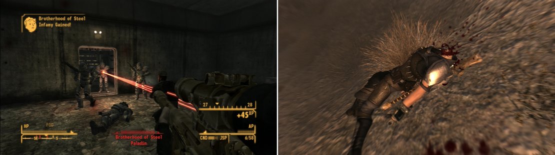 If you betray the Brotherhood of Steel by tattling to Ranger Dobson, their vengeance will come swiftly (left). Alternatively, if you try to flee&hellip; well, that exploding collar is not a bluff (right).