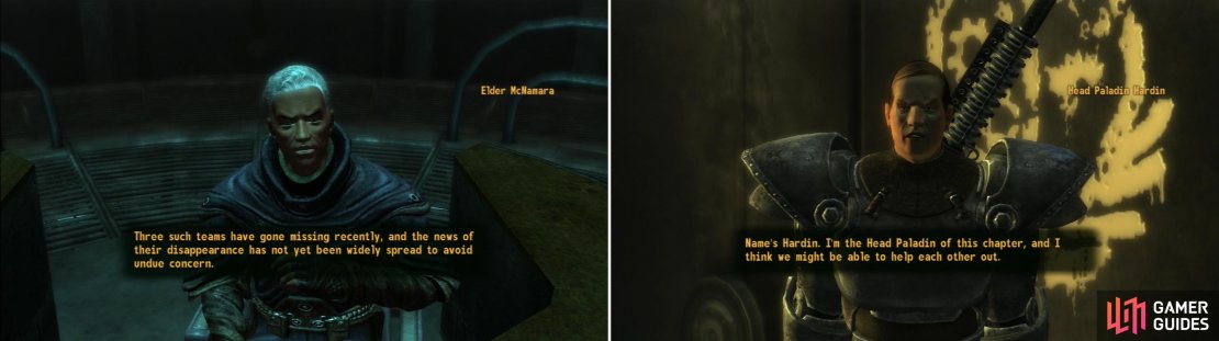 After you earn the Brotherhood&rsquo;s trust, Elder McNamara will ask you to perform a task beyond his means (left). Head Paladin Hardin, however, has some plans of his own he&rsquo;d like you to help him with&hellip; (right).