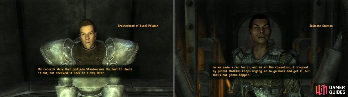 Talk to the overseeing Paladin at the shooting ranger to learn who had the Laser Pistol last (left). With this information, confront Initiate Stanton to get him to spill the beans (right).