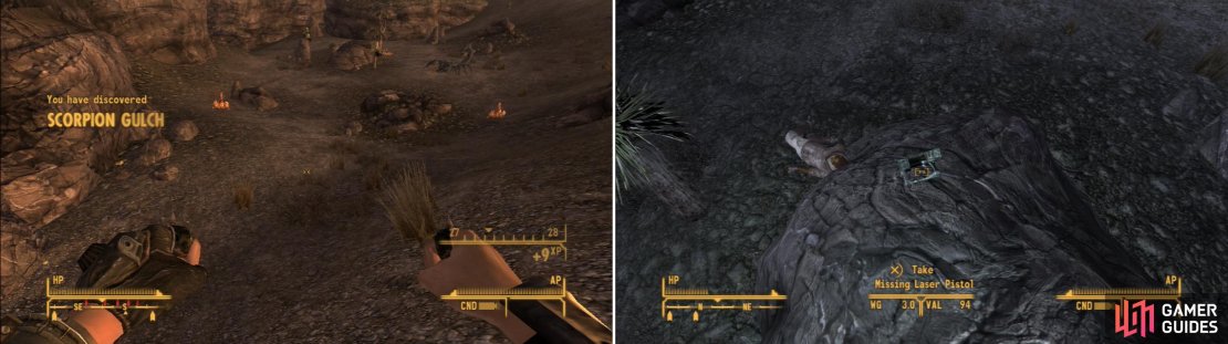 In Scorpion Gulch you&rsquo;ll find&hellip; what else? Scorpions (left). On a rock you&rsquo;ll find the misplaced Laser Pistol (right).