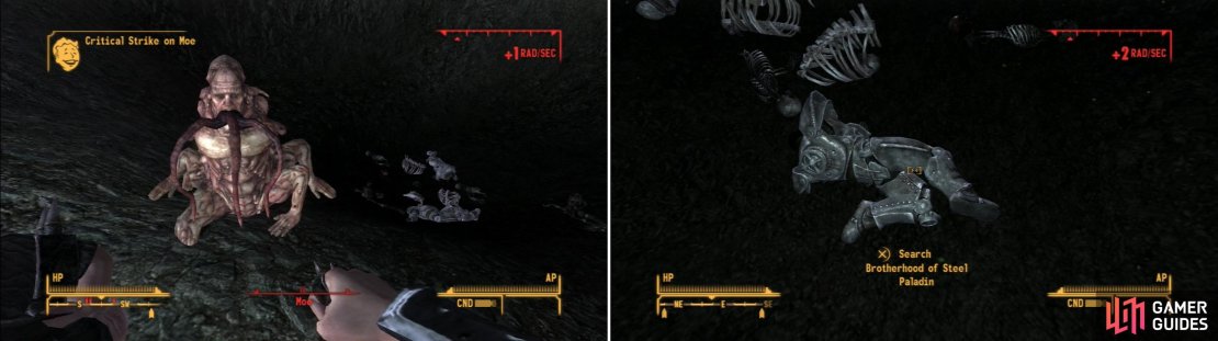 In a crater between Hidden Valley and Black Mountain, you can find the Centaur, Moe, and its pack (left). It seems that one of the Centaur&rsquo;s victims includes one of the Brotherhood squads you&rsquo;re looking for (right).