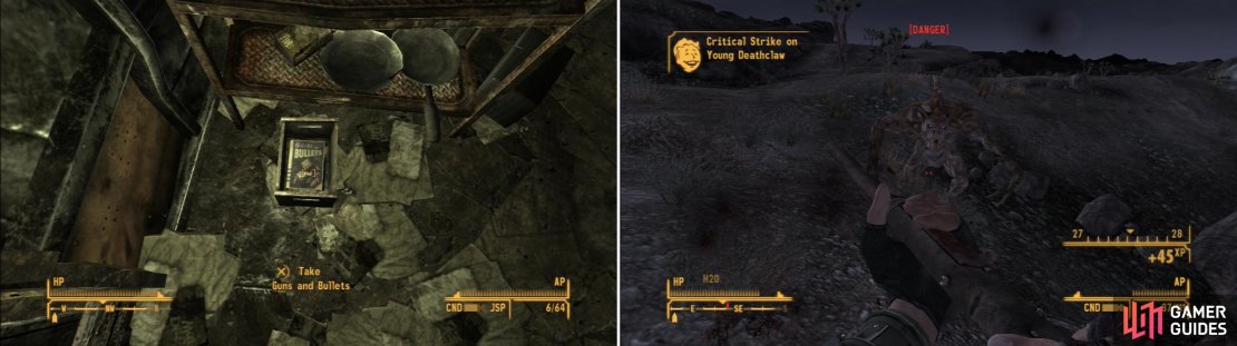 Grab the copy of Guns and Bullets from Raul&rsquo;s Shack (left) but beware, as Deathclaws lurk to the east (right).