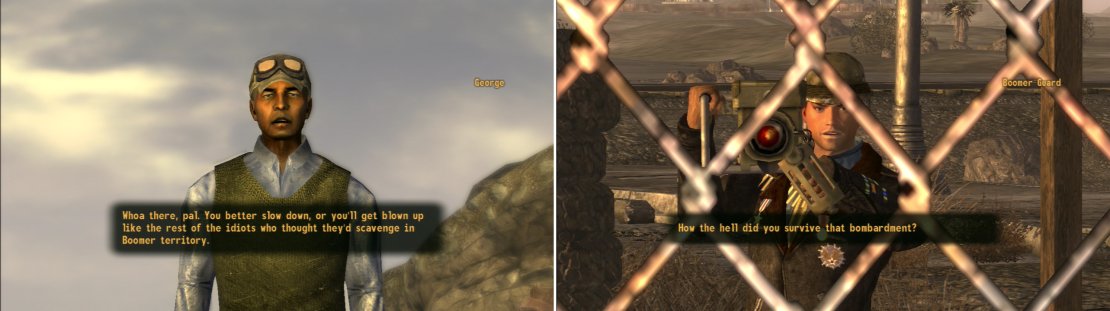 George will warn you of the dangers Boomers present to those who draw near.. and he&rsquo;ll try to profit from your foolishness (left). If you make it past the artillery fire, you&rsquo;ll be granted access to Nellis AFB (right).